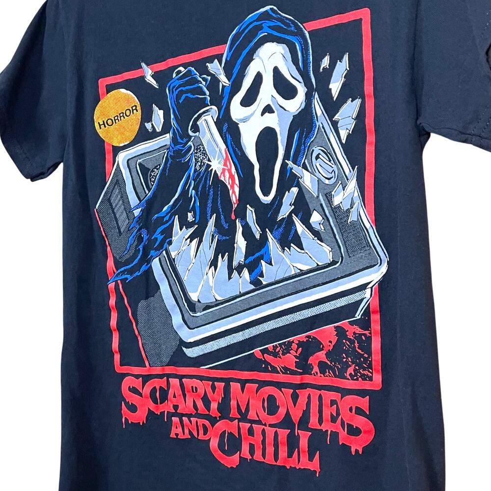 Ghostface Horror T-Shirt “Scary Movies and Chill” | Black Cotton Tee | Small - Picture 2 of 4